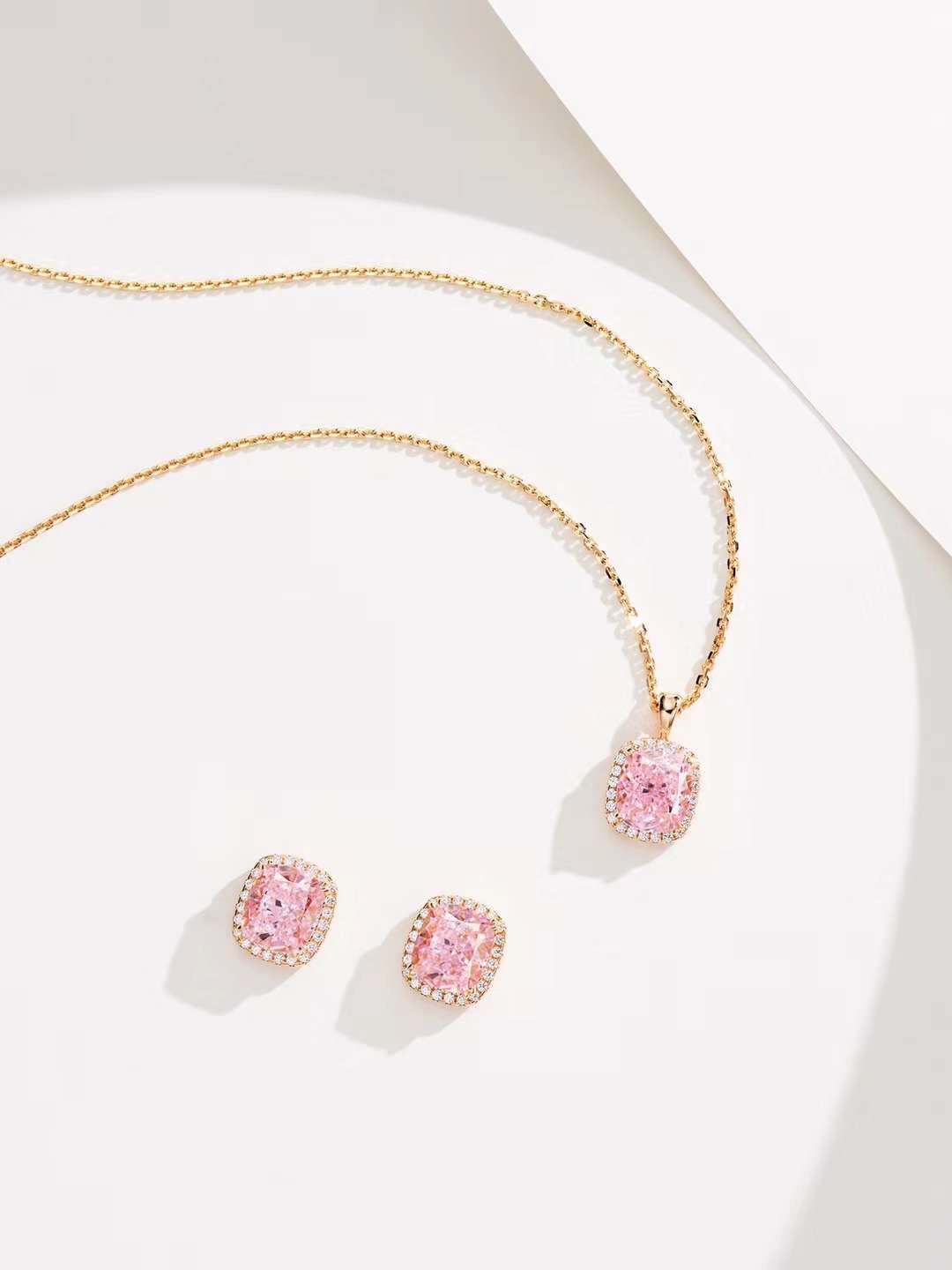 Elegant Pink Gemstone Encircled Earrings, Necklace Set