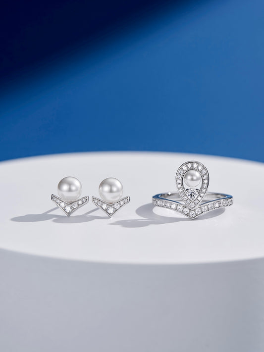 Luminous Pearl and Diamond Elegance Ring and Earrings Set