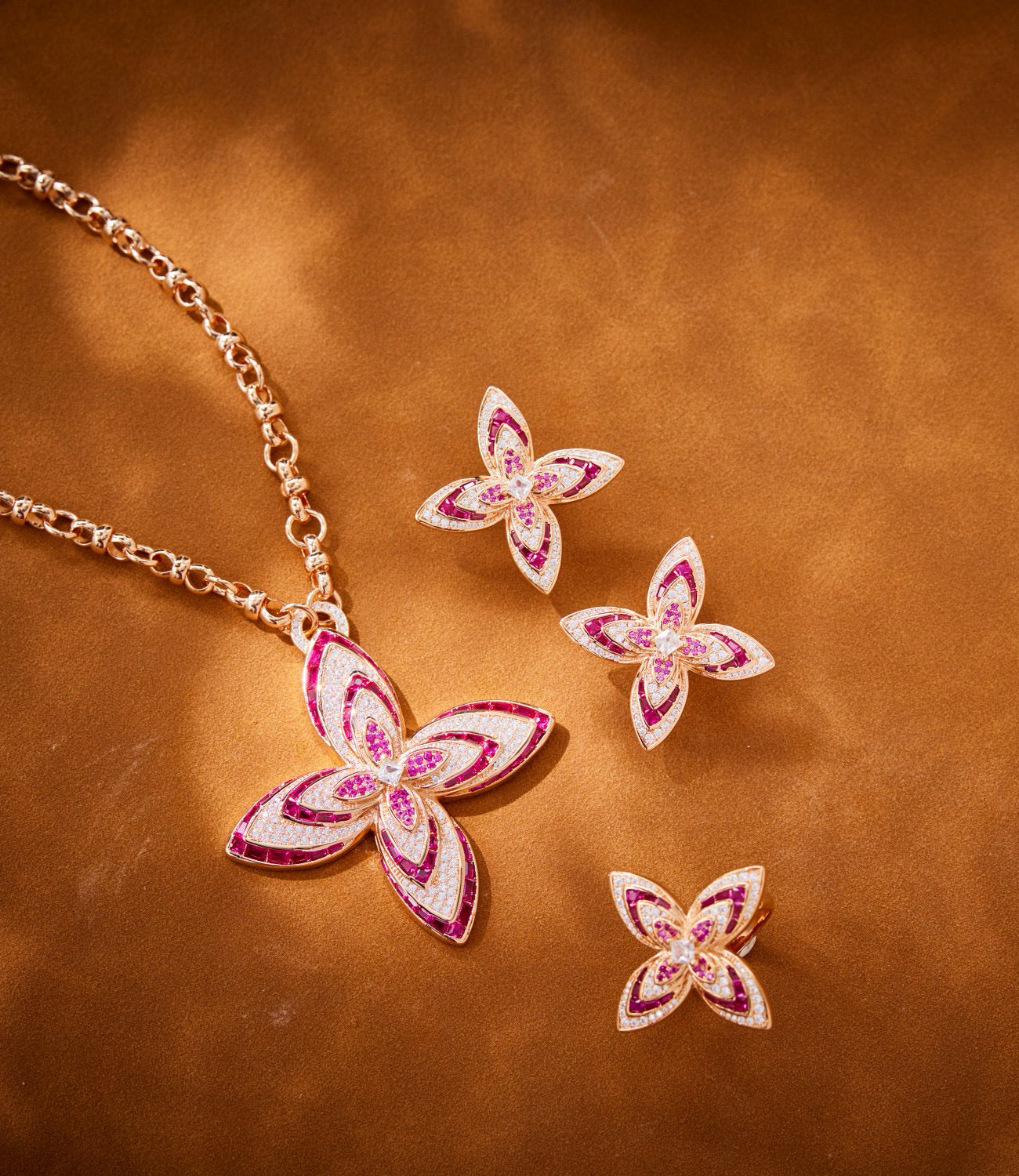 Radiant Blossom Pink Gemstone Earrings, Ring, Necklace Set